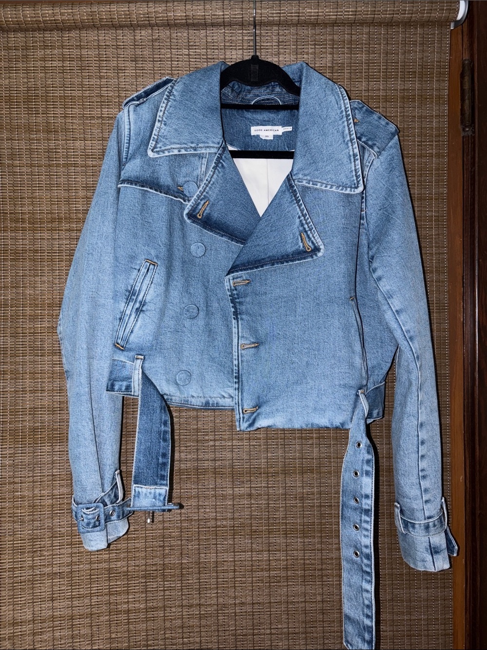 Good American Light Blue Cropped Denim Moto Jacket